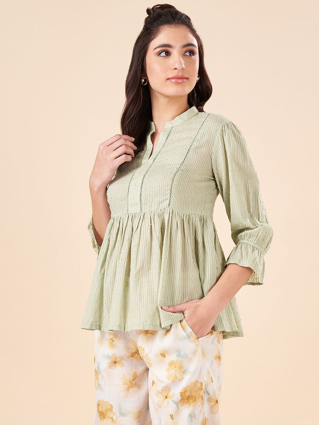 

AKKRITI BY PANTALOONS Solid Mandarin Collar Embroidered Tunic, Olive