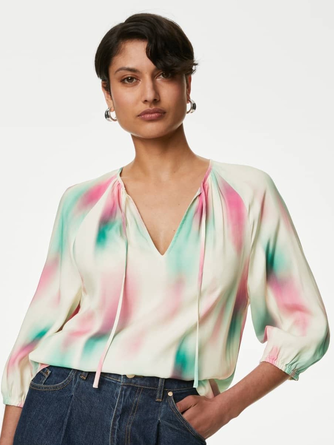 

Marks & Spencer tie-up neck abstract printed cotton top, Cream