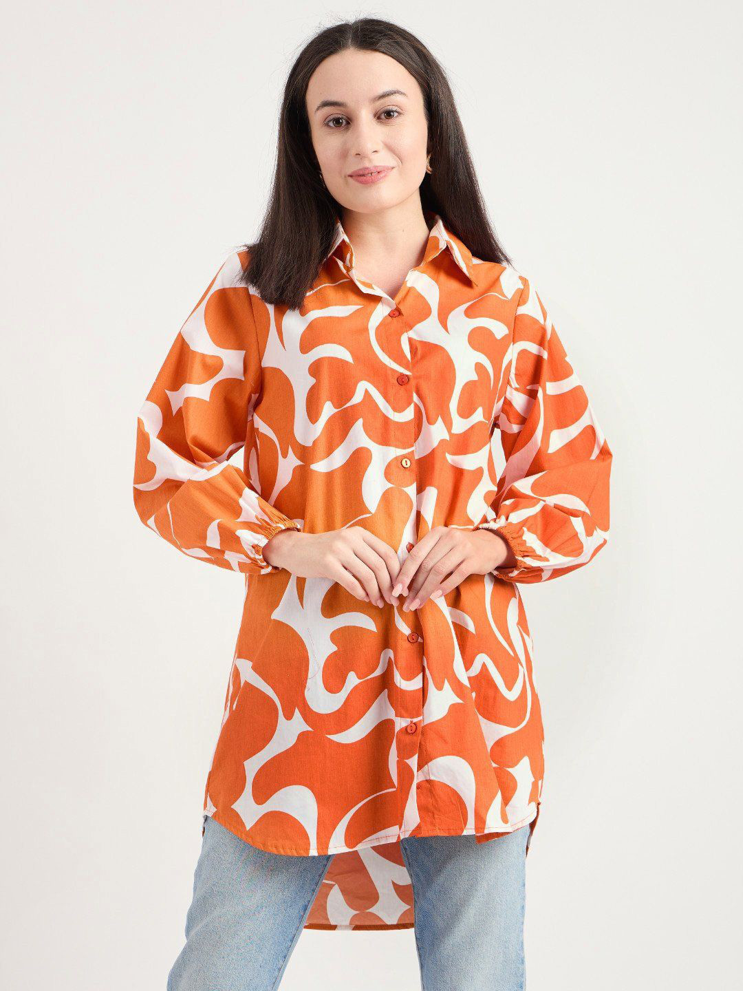 

Fashionhub Women Opaque Abstract Printed Casual Shirt, Orange