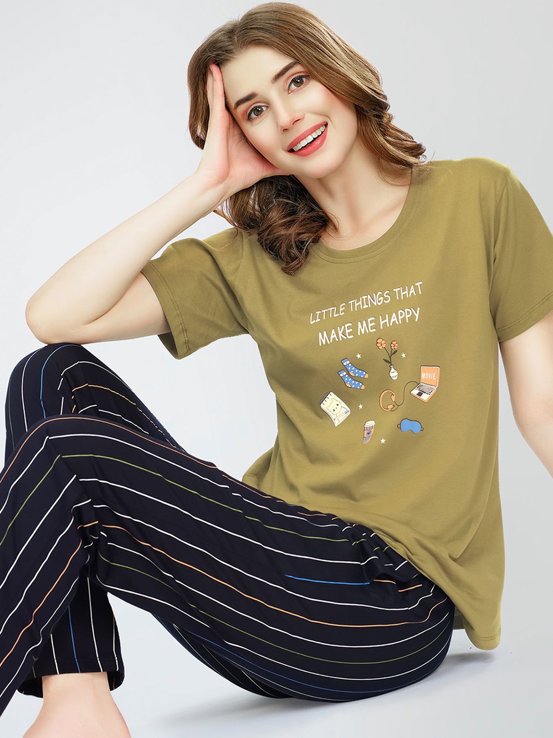 

Zeyo Round Neck Short Sleeves Printed Pure Cotton Night suit, Olive