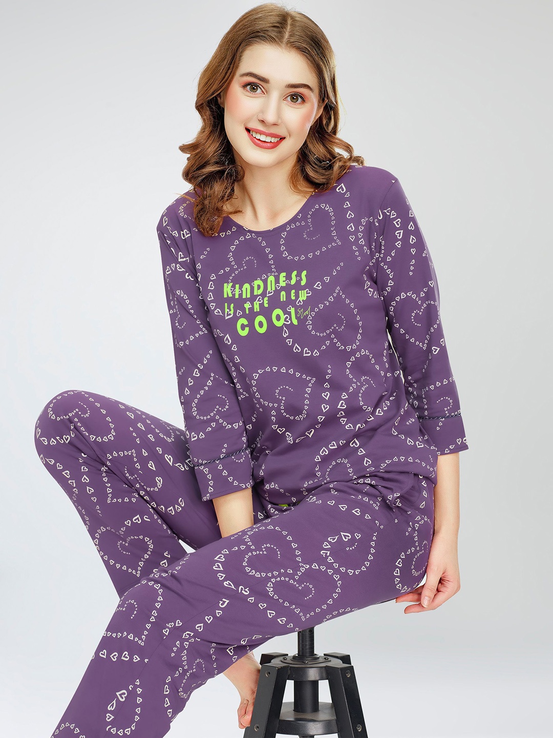 

Zeyo Coversational Printed Round Neck Pure Cotton Night Suit, Violet