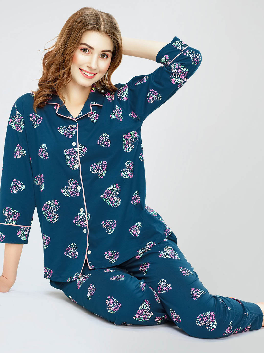 

Zeyo Round Lapel Collar Sleeves Printed Pure Cotton Night suit, Teal