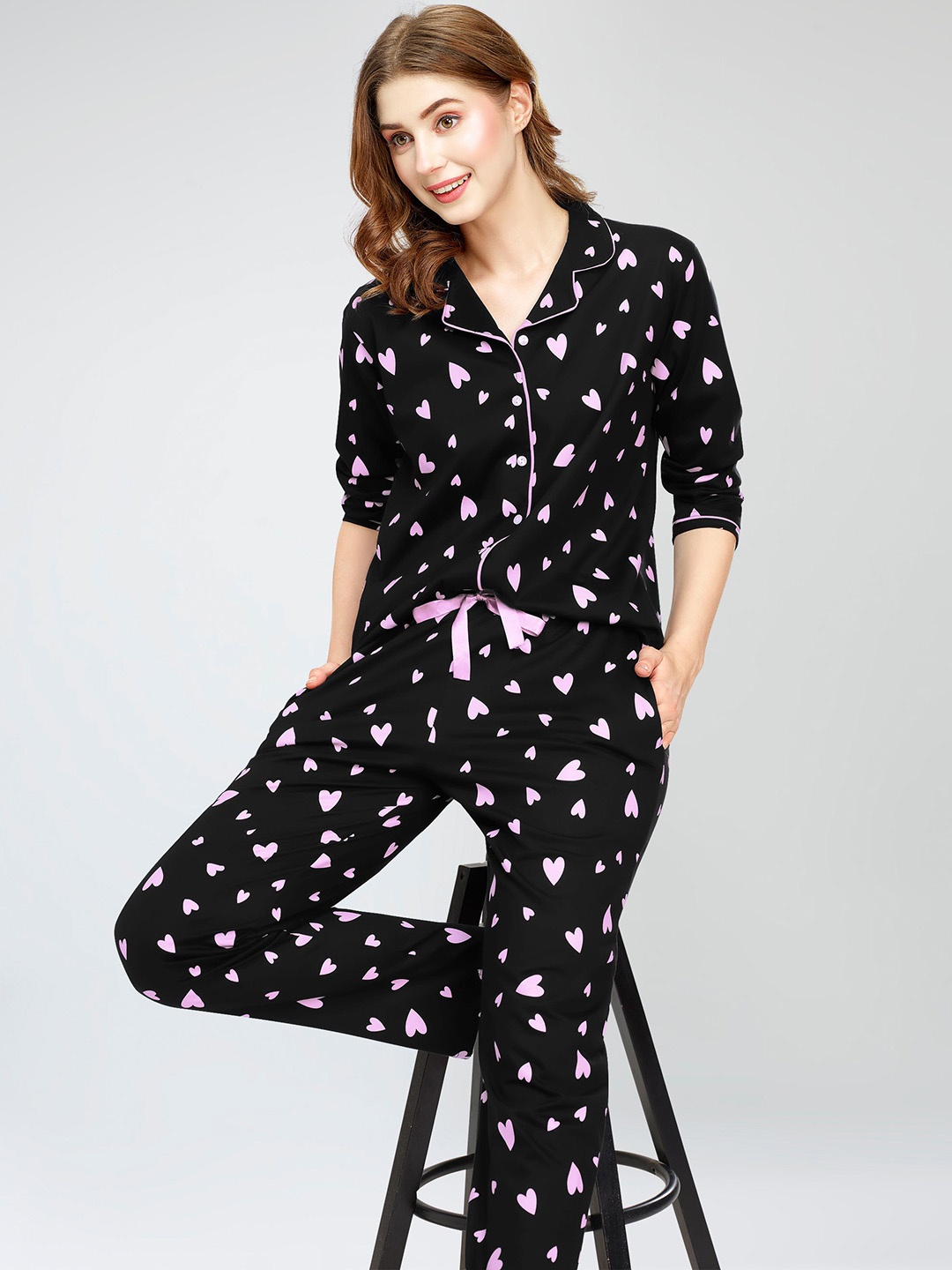 

Zeyo Lapel Collar Conversational Printed Pure Cotton Night suit, Black