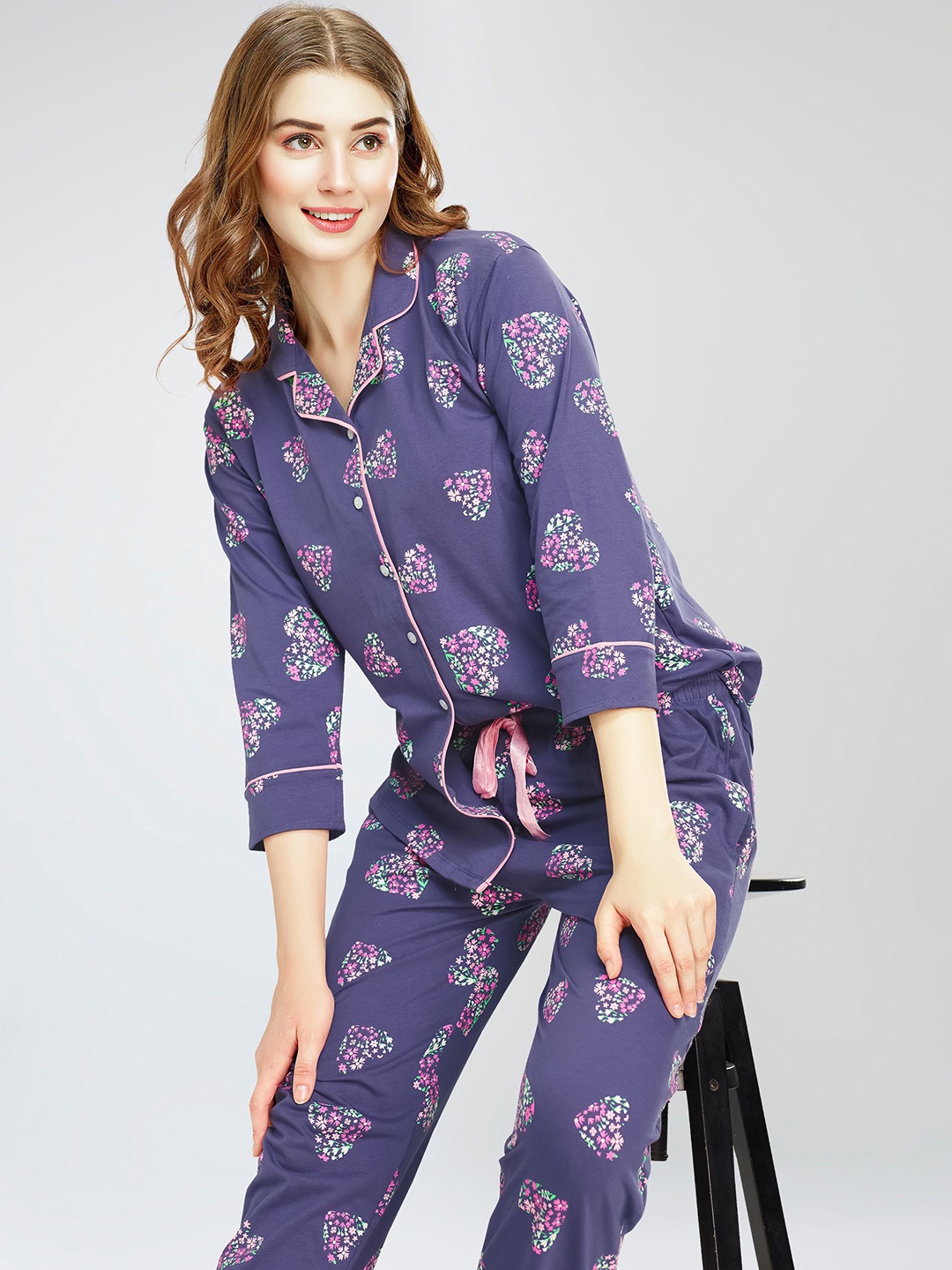 

Zeyo Conversational Printed Round Neck Pure Cotton Night Suit, Blue