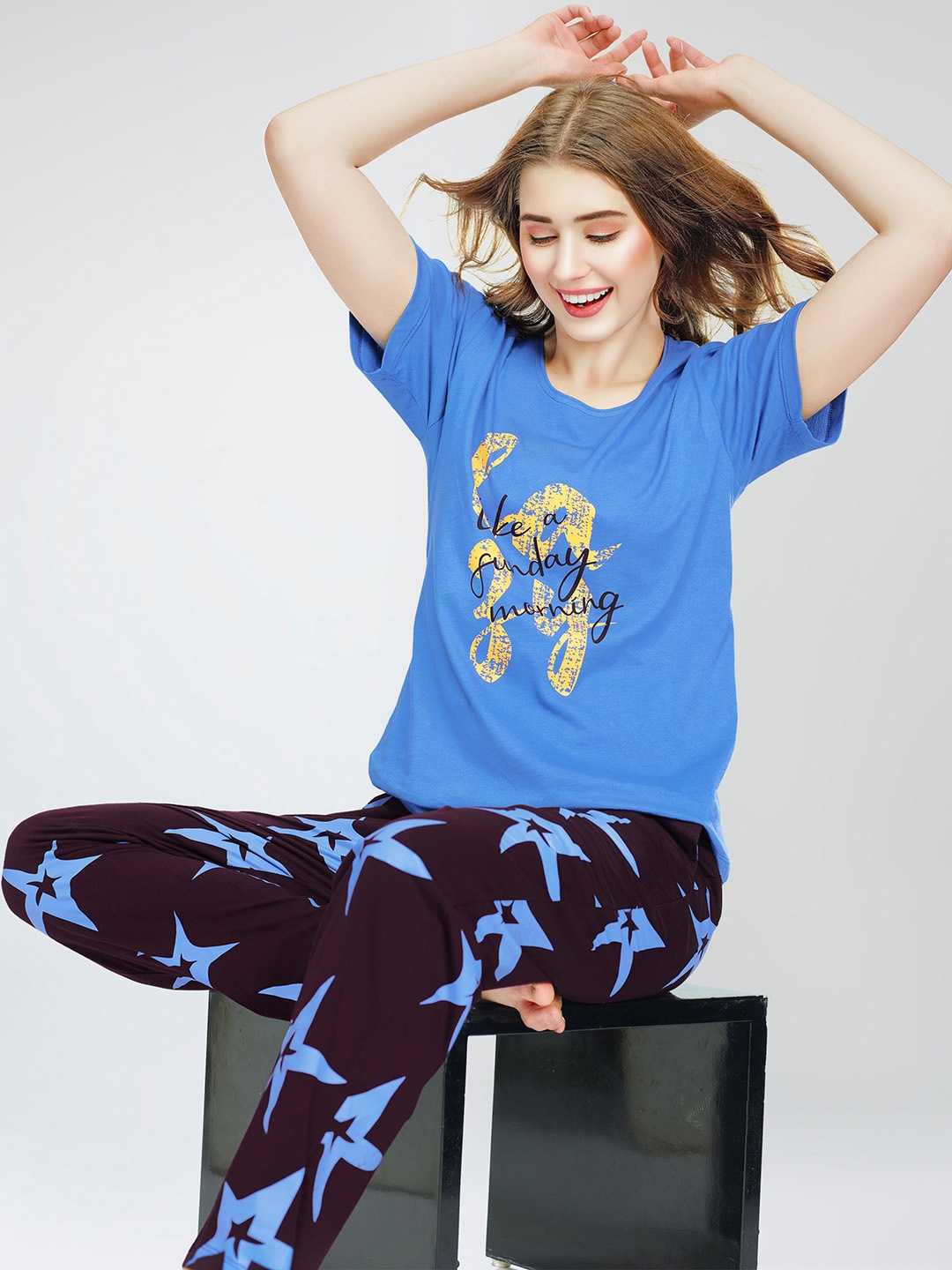 

Zeyo Round Neck Short Sleeves Printed Pure Cotton Night suit, Blue