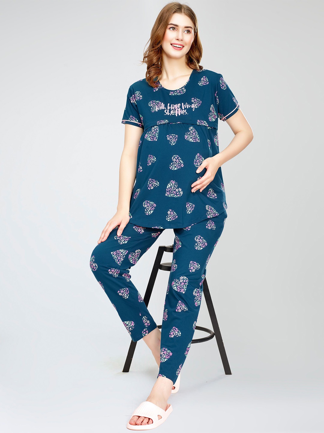 

Zeyo Conversational Printed Pure Cotton Maternity Night suit, Teal