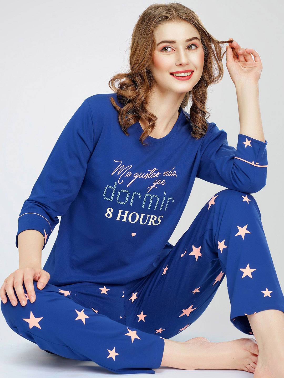 

Zeyo Typography Printed Round Neck Pure Cotton Night Suit, Blue