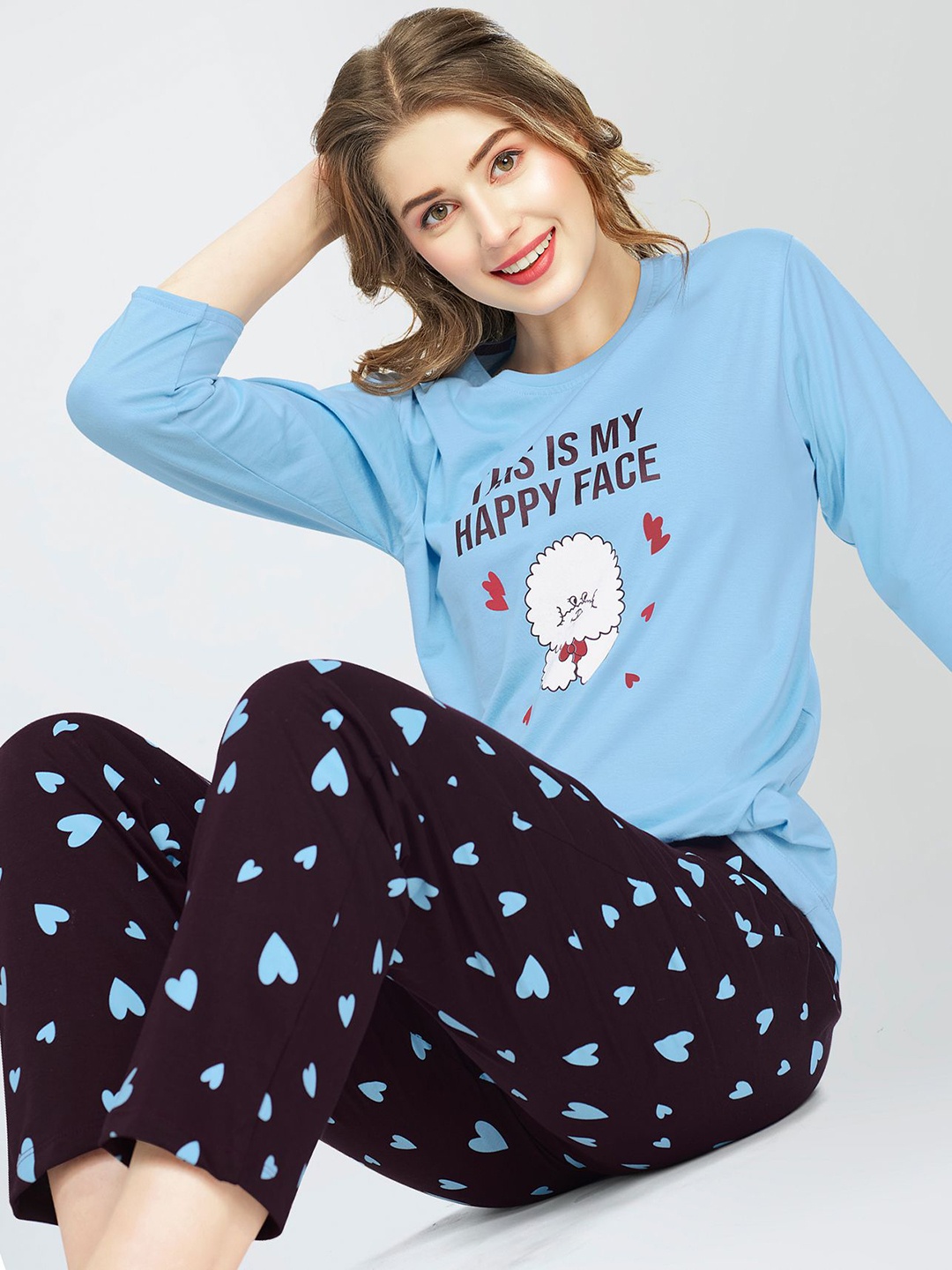 

Zeyo Round Neck Printed Pure Cotton Night suit, Blue