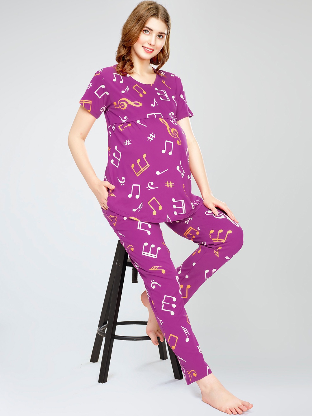 

Zeyo Round Neck Short Sleeves Printed Pure Cotton Night suit, Purple