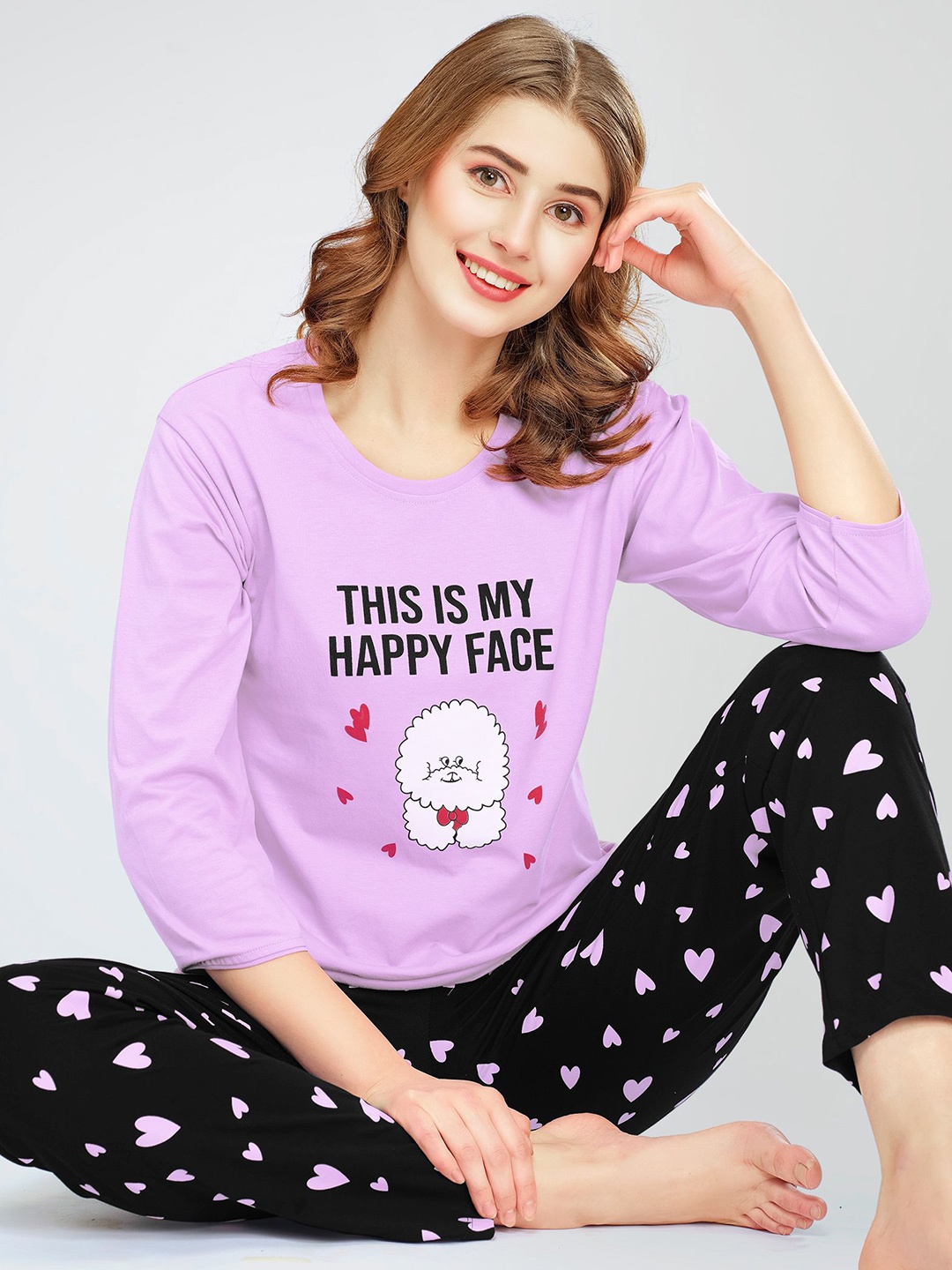 

Zeyo Typography Printed Pure Cotton Night suit, Pink