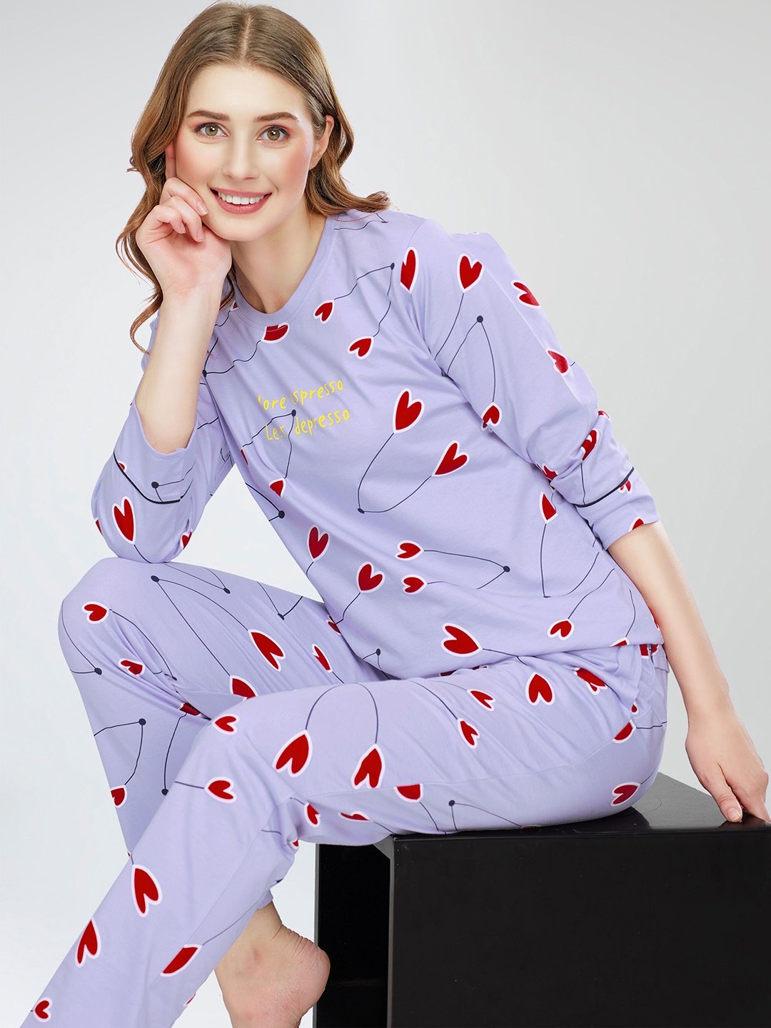 

Zeyo Conversational Printed Round Neck Pure Cotton Night Suit, Lavender