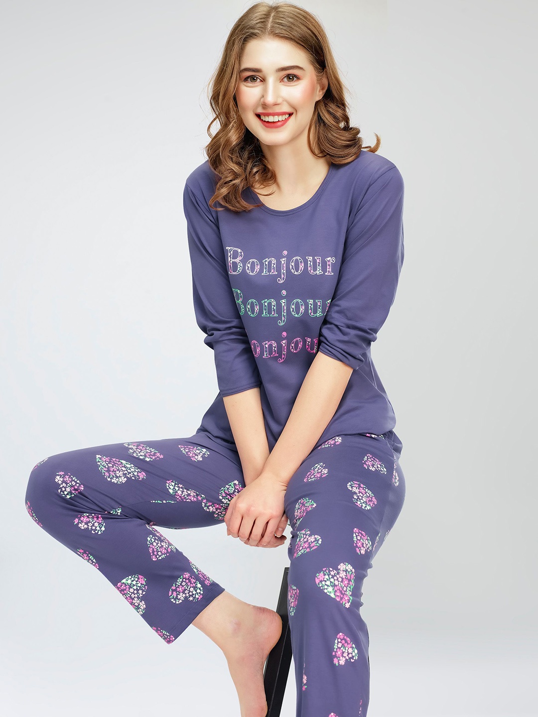 

Zeyo Round Neck Printed Pure Cotton Night suit, Blue