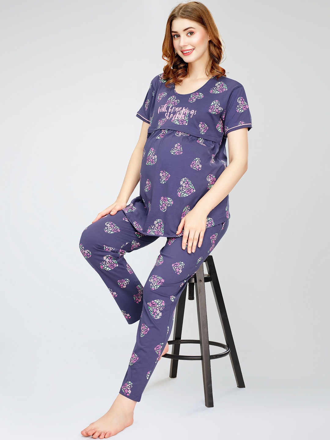 

Zeyo Conversational Printed Pure Cotton Maternity Night suit, Blue