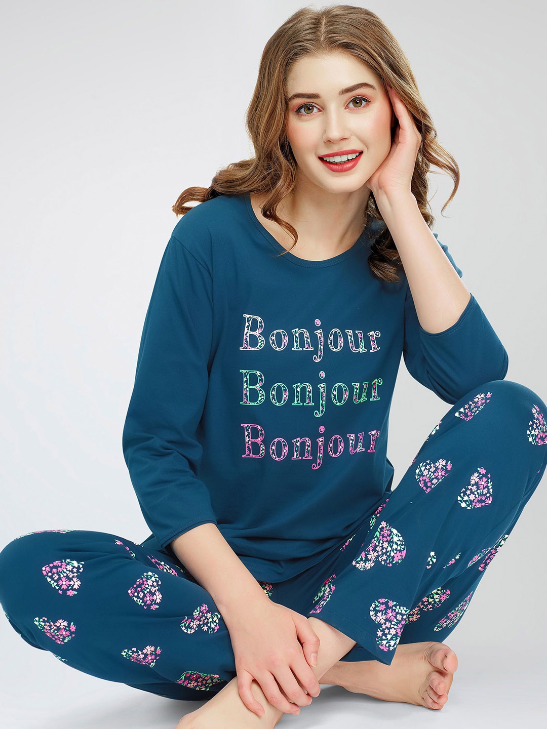 

Zeyo Round Neck Typography Printed Pure Cotton Night suit, Teal