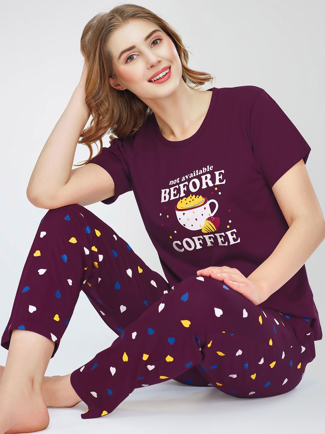 

Zeyo Round Neck Short Sleeves Printed Pure Cotton Night suit, Purple