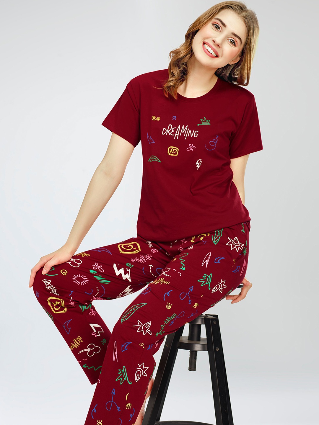 

Zeyo Round Neck Short Sleeves Printed Pure Cotton Night suit, Maroon