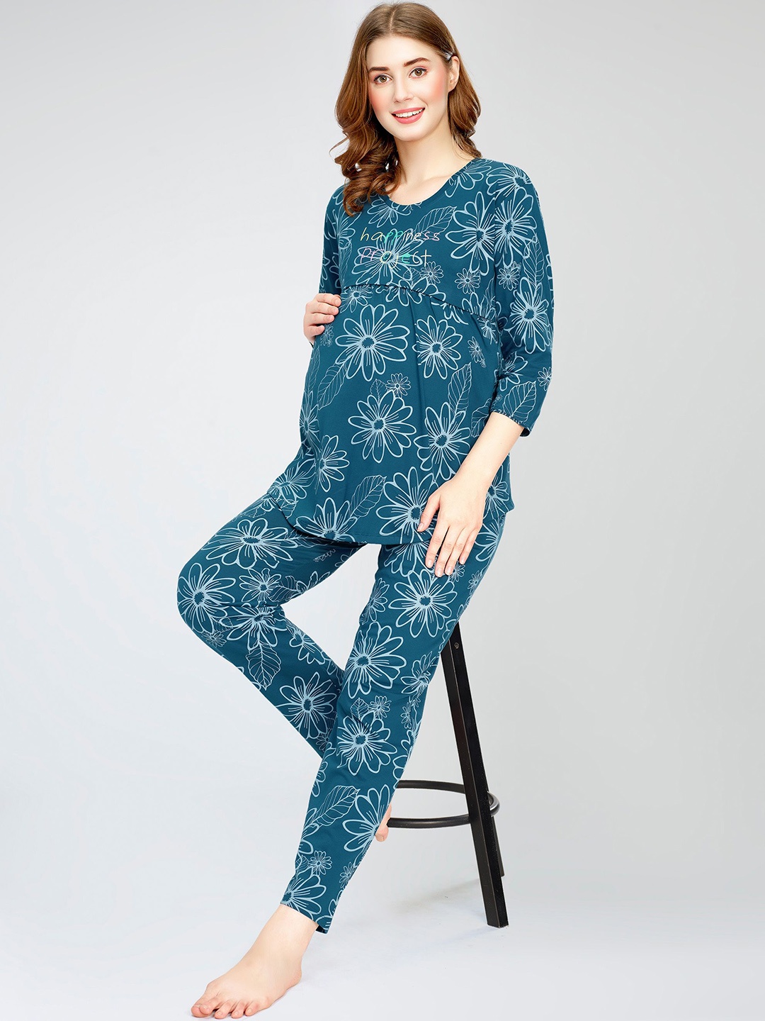 

Zeyo Floral Printed Round Neck Pure Cotton Maternity Night suit, Teal