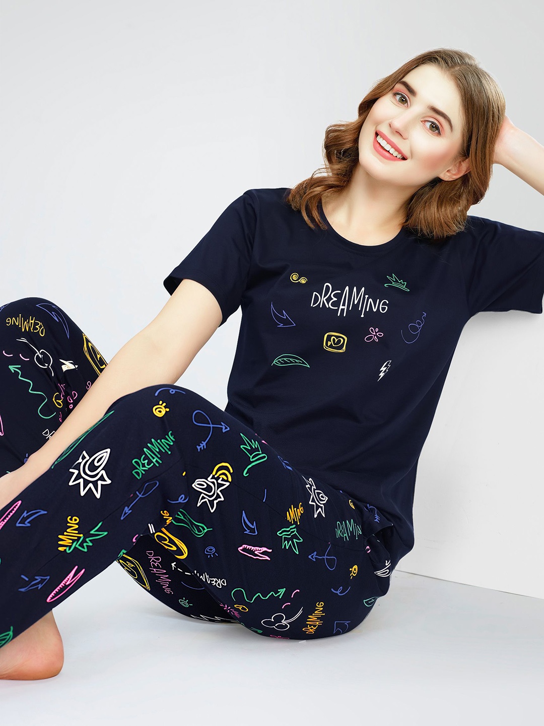 

Zeyo Typography Printed Round Neck Pure Cotton Maternity Night suit, Navy blue