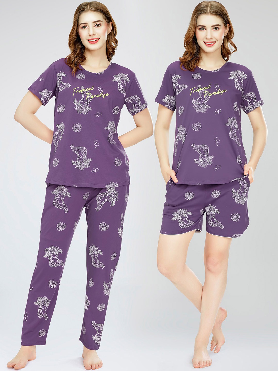 

Zeyo Women Printed Pure Cotton Top With Pajama, Short, Violet