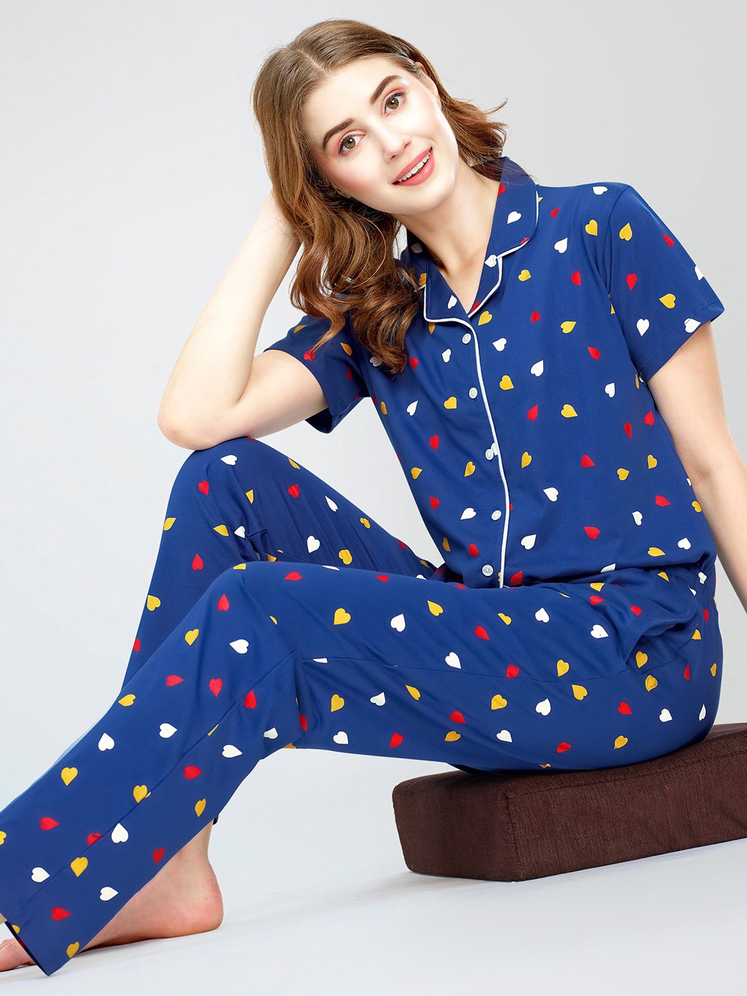 

Zeyo Round Lapel Collar Sleeves Printed Pure Cotton Night suit, Blue