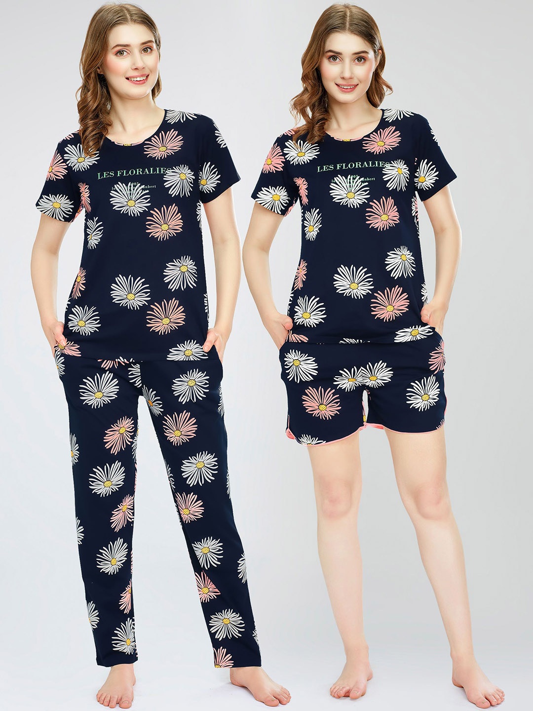 

Zeyo Women Printed Pure Cotton Top With Pajama, Short, Navy blue