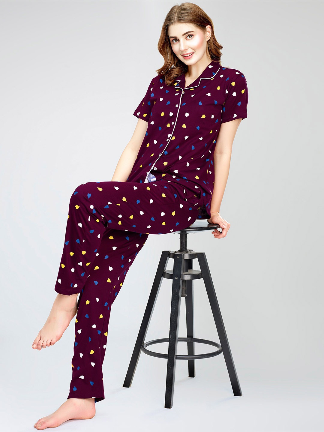 

Zeyo Lapel Collar Printed Pure Cotton Night suit, Purple