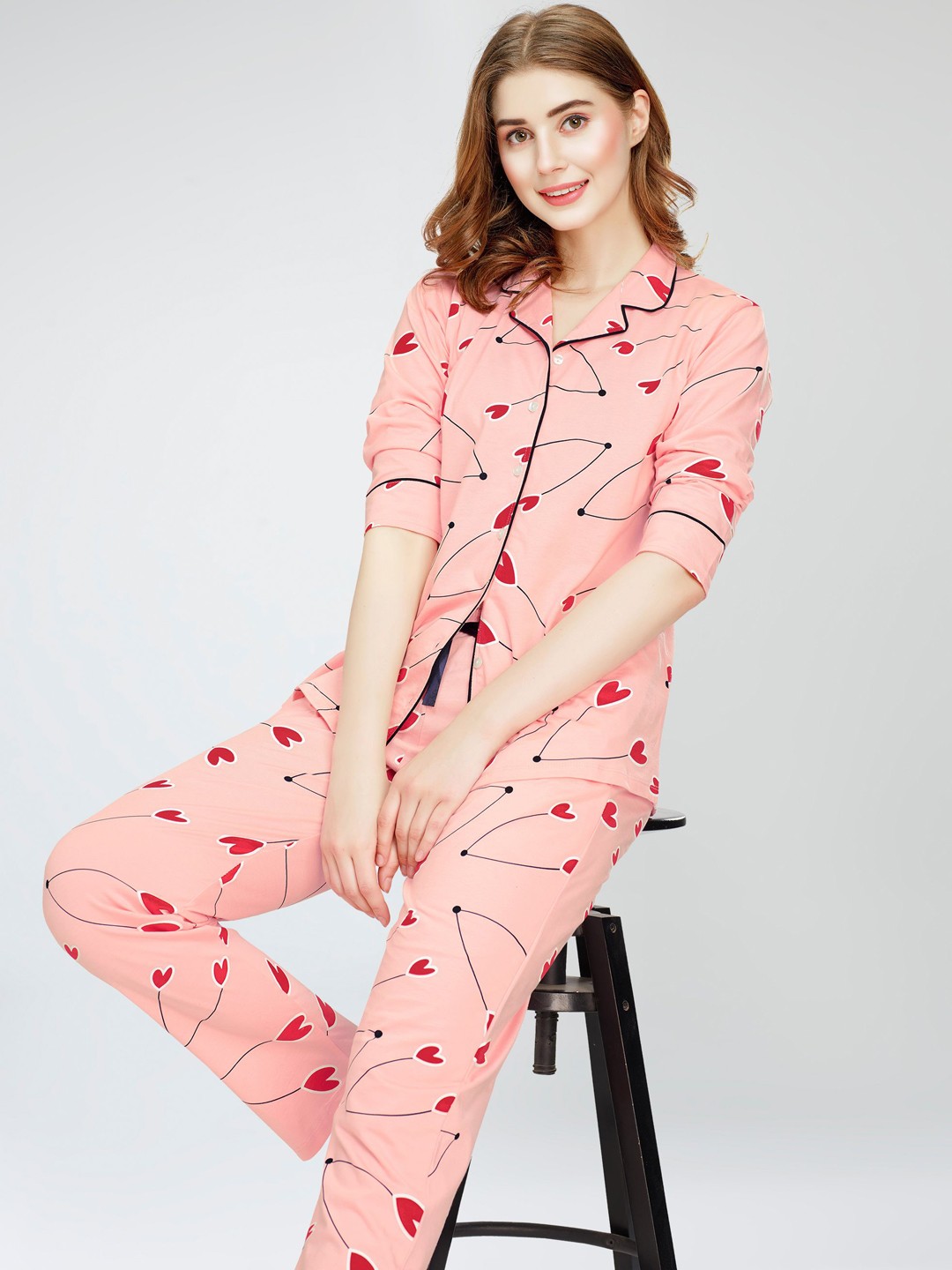 

Zeyo Lapel Collar Printed Pure Cotton Night suit, Peach