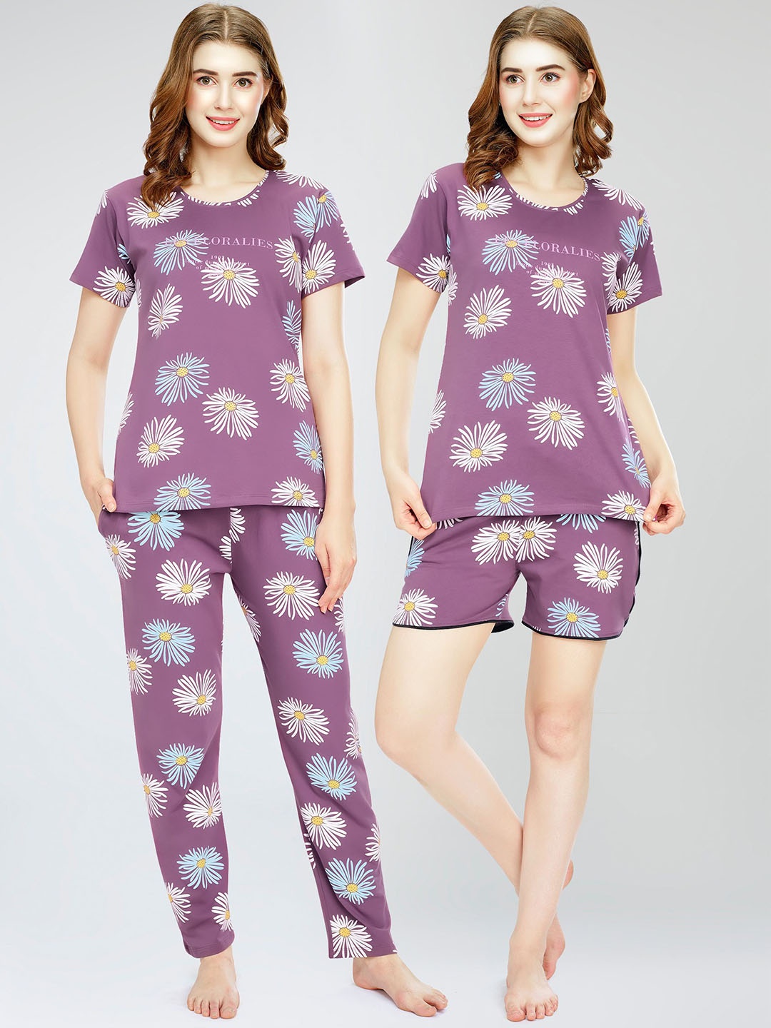 

Zeyo Women Printed Pure Cotton Top With Pajama, Short, Mauve