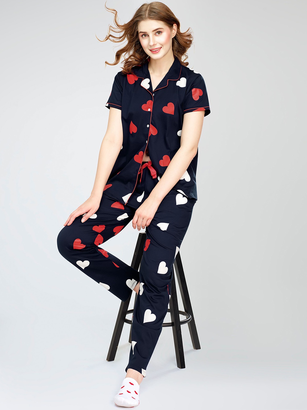

Zeyo Round Neck Short Sleeves Printed Pure Cotton Night suit, Navy blue