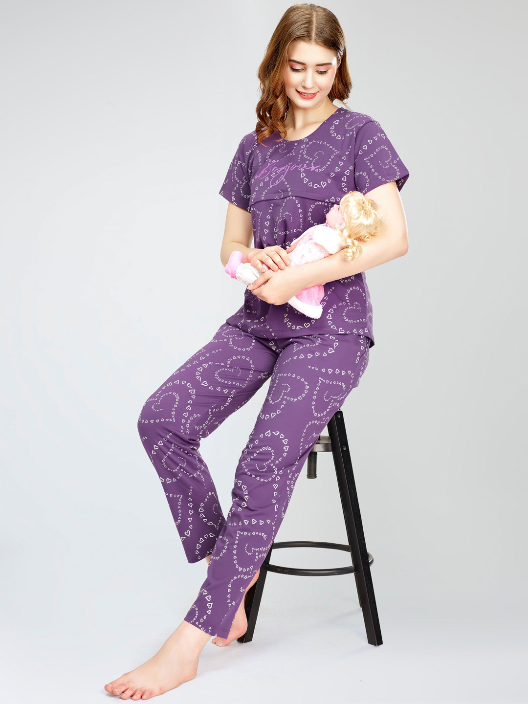 

Zeyo Printed Pure Cotton Night suit, Violet