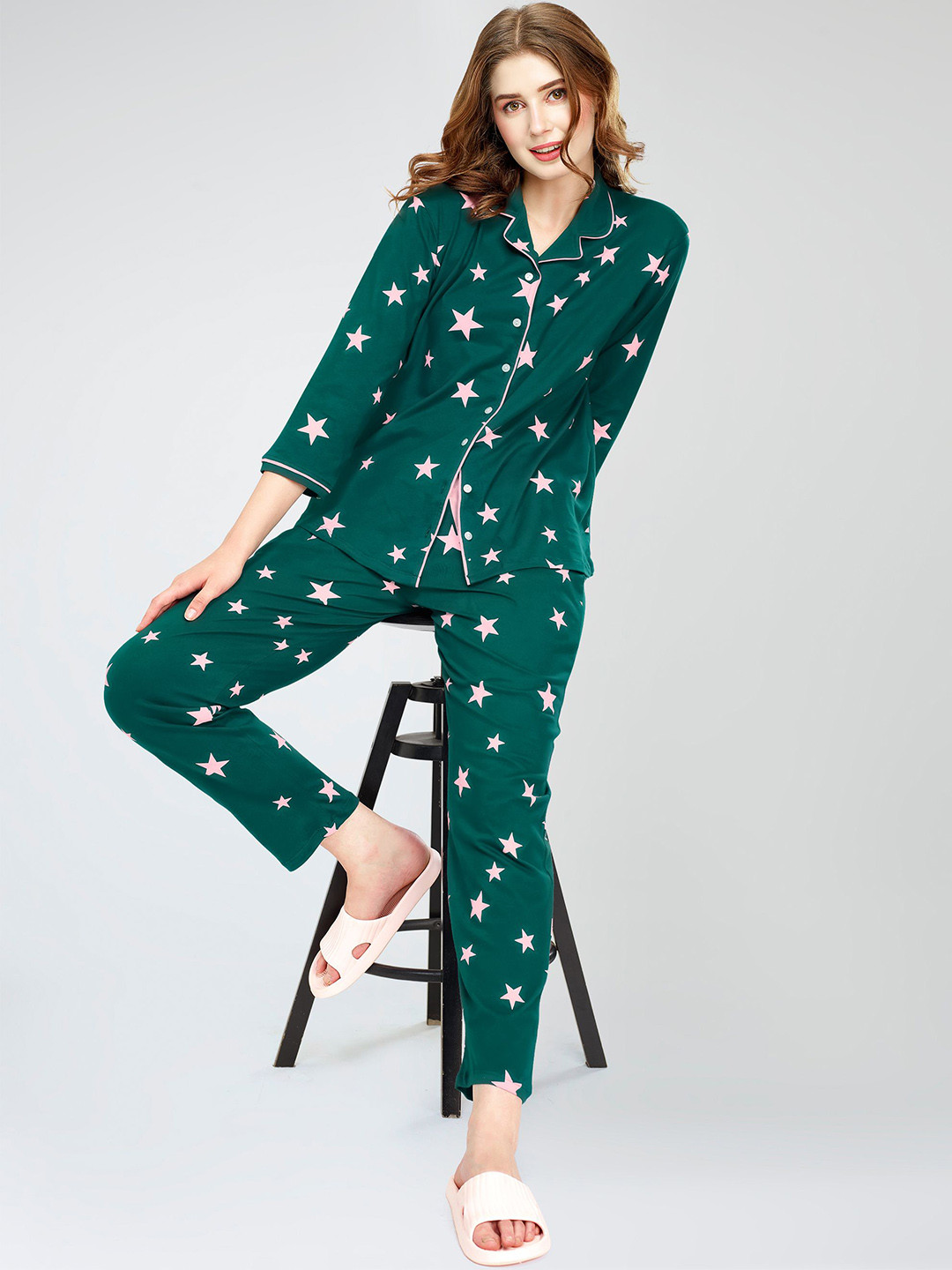 

Zeyo Lapel Collar Conversational Printed Pure Cotton Night suit, Teal