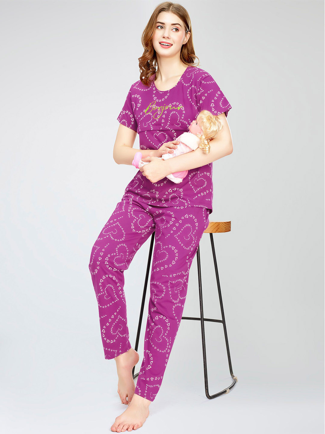 

Zeyo Conversational Printed Round Neck Pure Cotton Maternity Night Suit, Purple