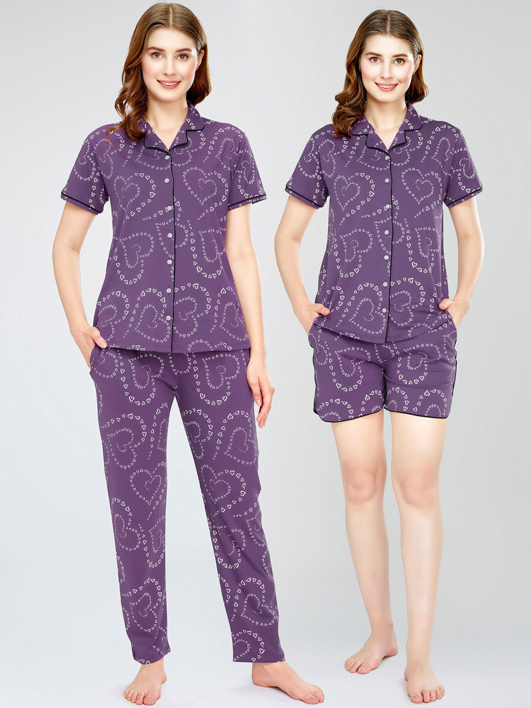 

Zeyo Women Printed Pure Cotton Shirt With Pajama, Short, Violet