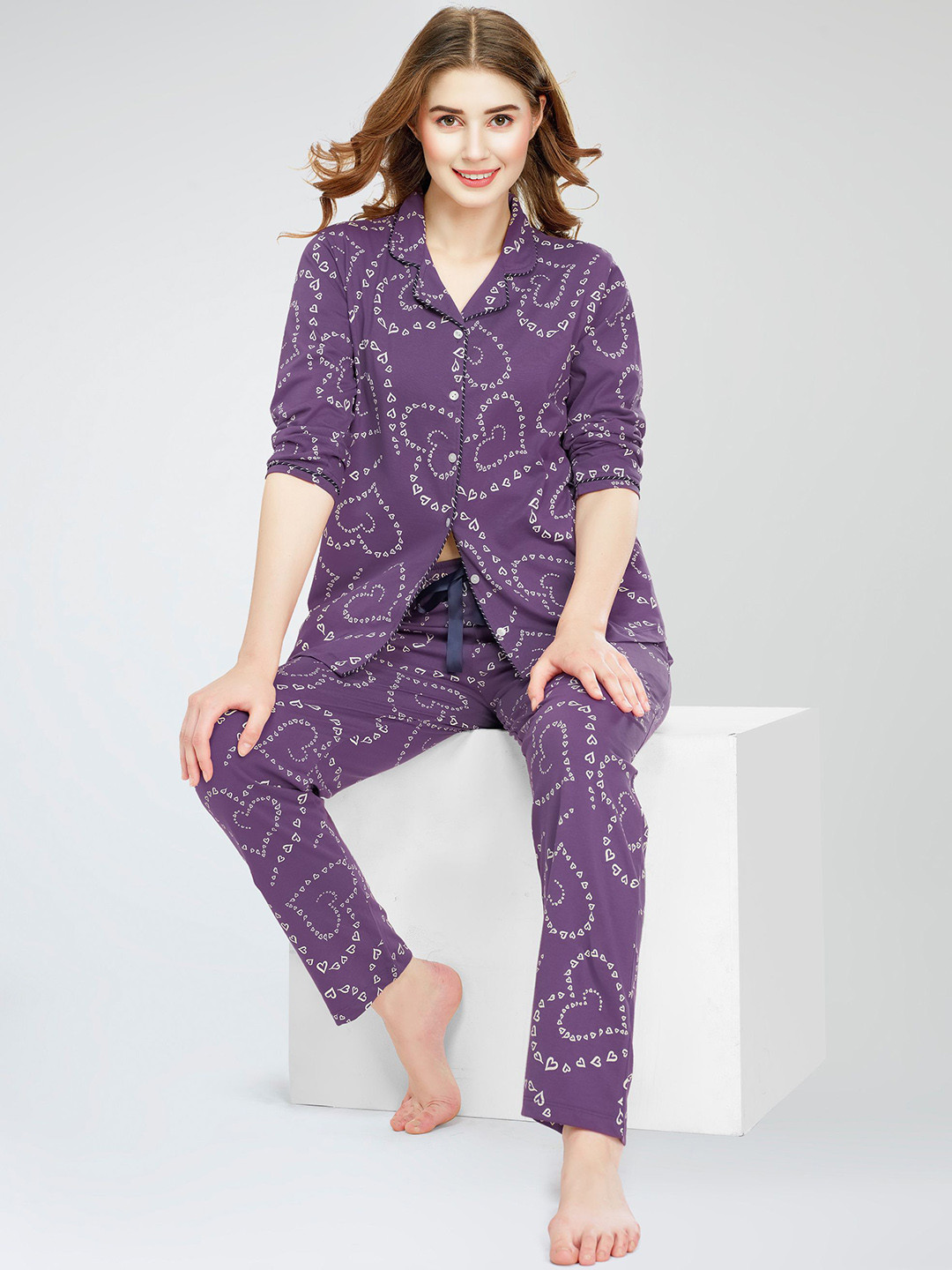 

Zeyo Lapel Collar Printed Pure Cotton Night suit, Violet