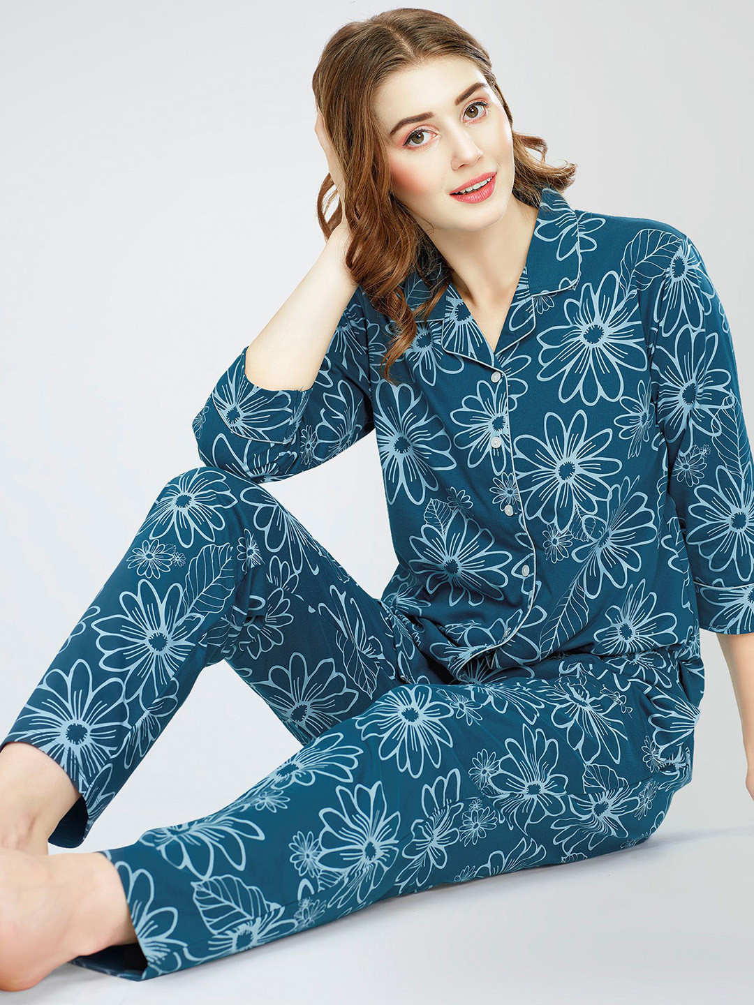 

Zeyo Lapel Collar Printed Pure Cotton Night suit, Teal