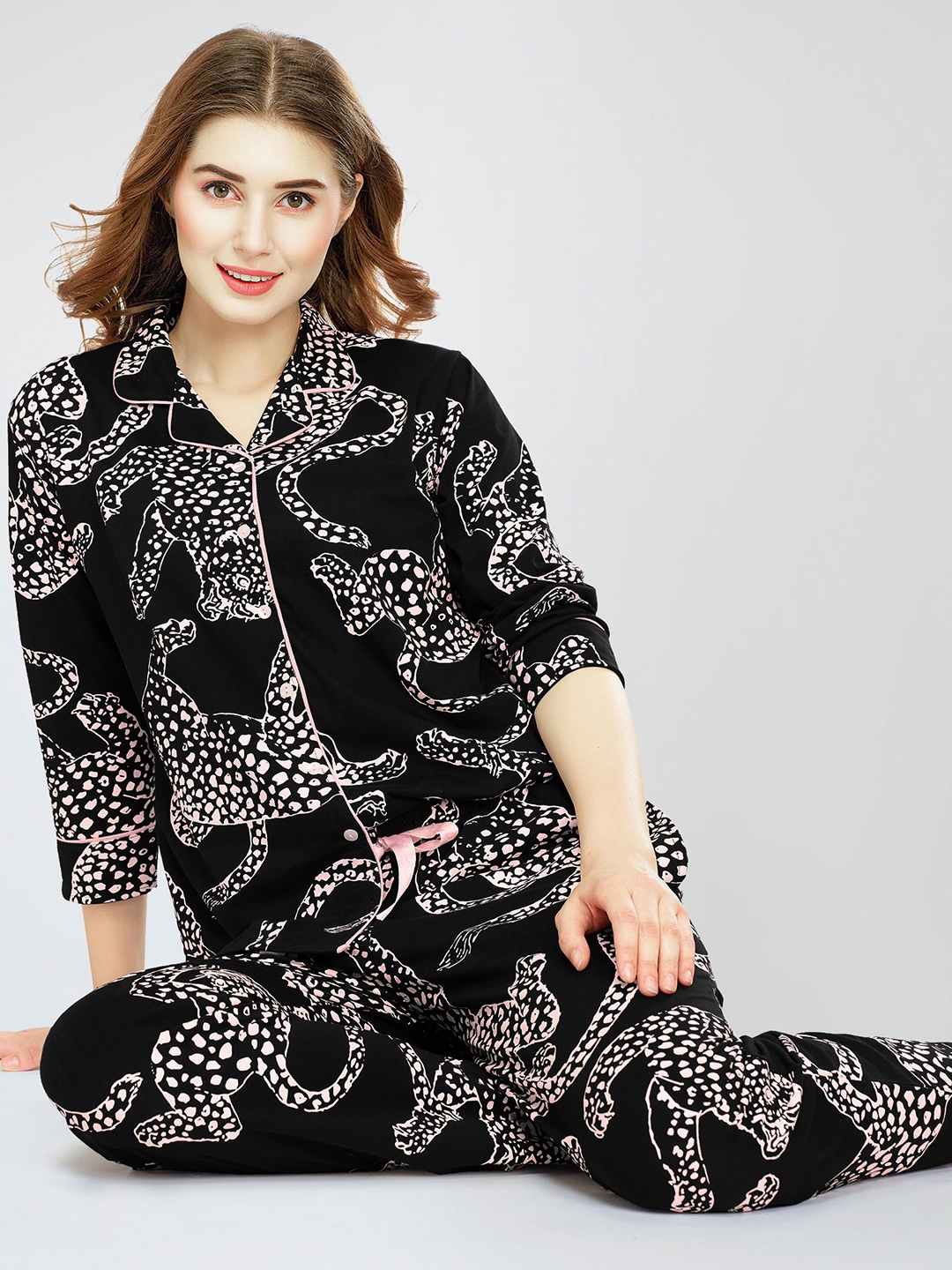 

Zeyo Printed Pure Cotton Night suit, Black