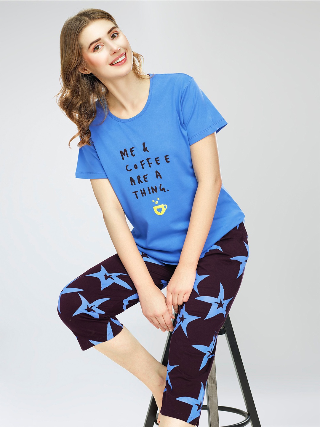 

Zeyo Typography Printed Round Neck Pure Cotton Night suit, Blue