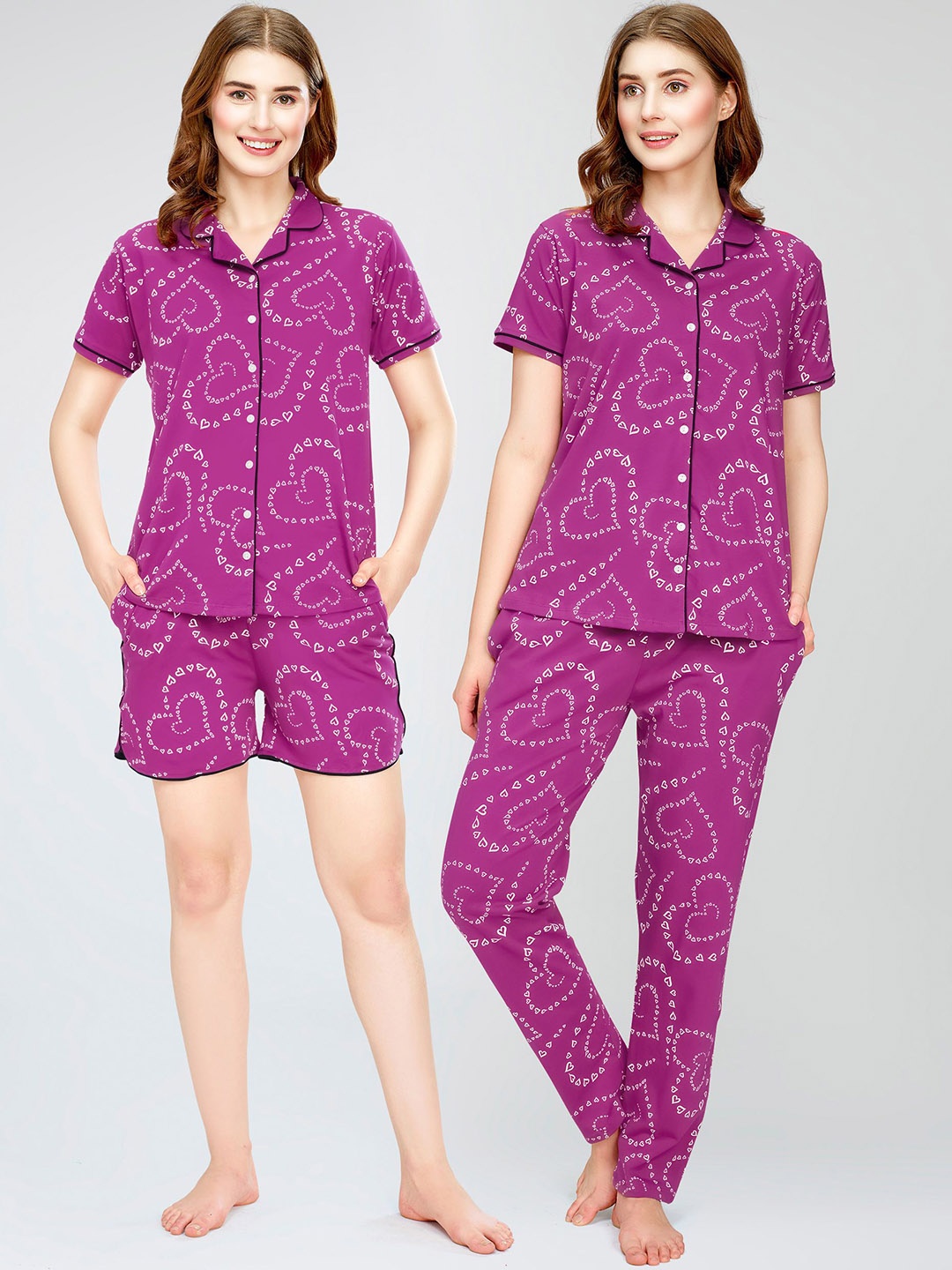 

Zeyo Women Printed Pure Cotton Shirt With Pajama, Short, Purple