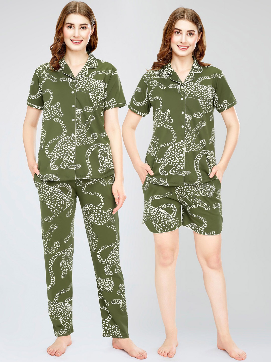 

Zeyo Women Printed Pure Cotton Shirt With Pajama, Short, Olive
