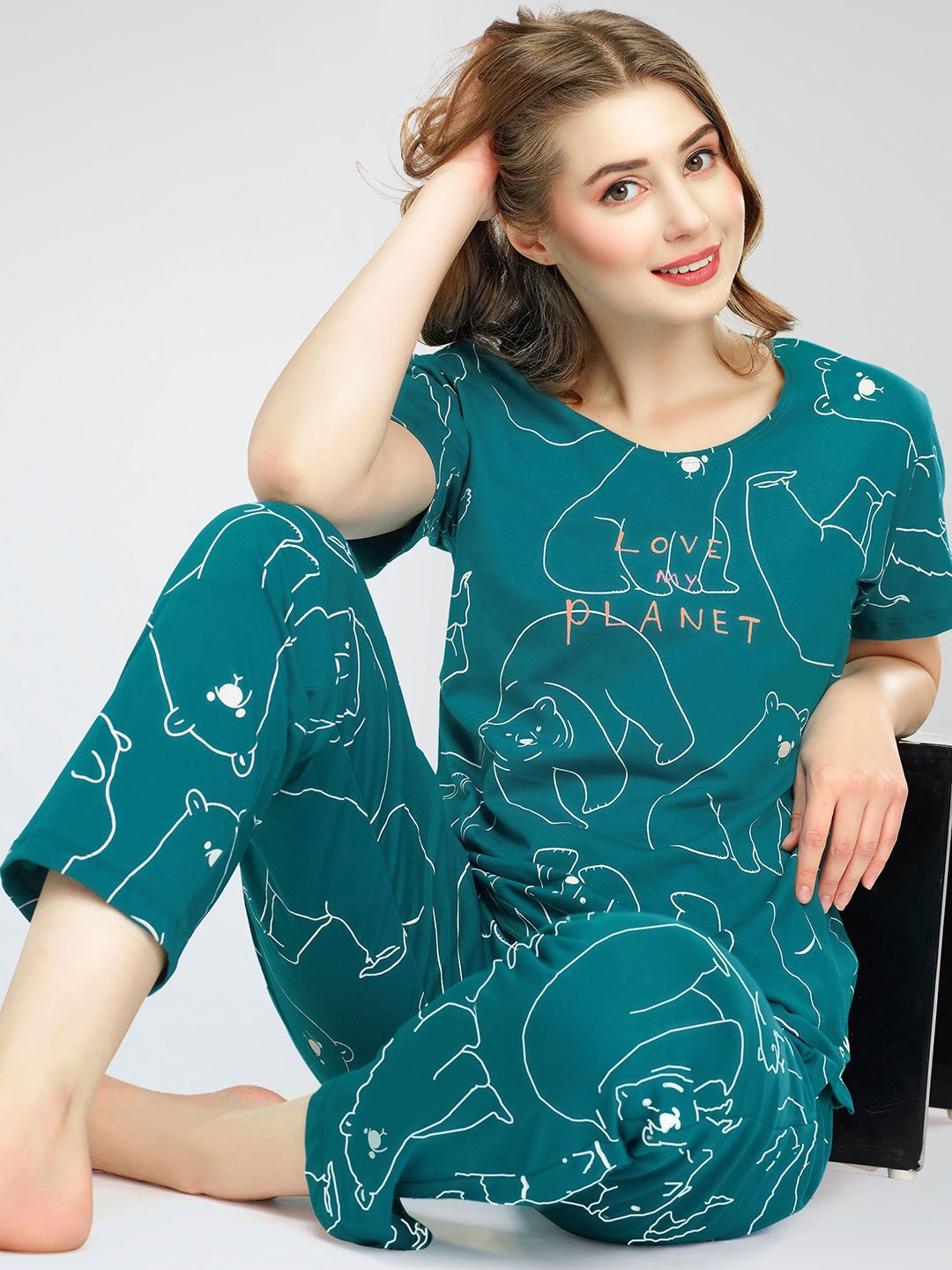 

Zeyo Round Neck Short Sleeves Printed Pure Cotton Night suit, Teal