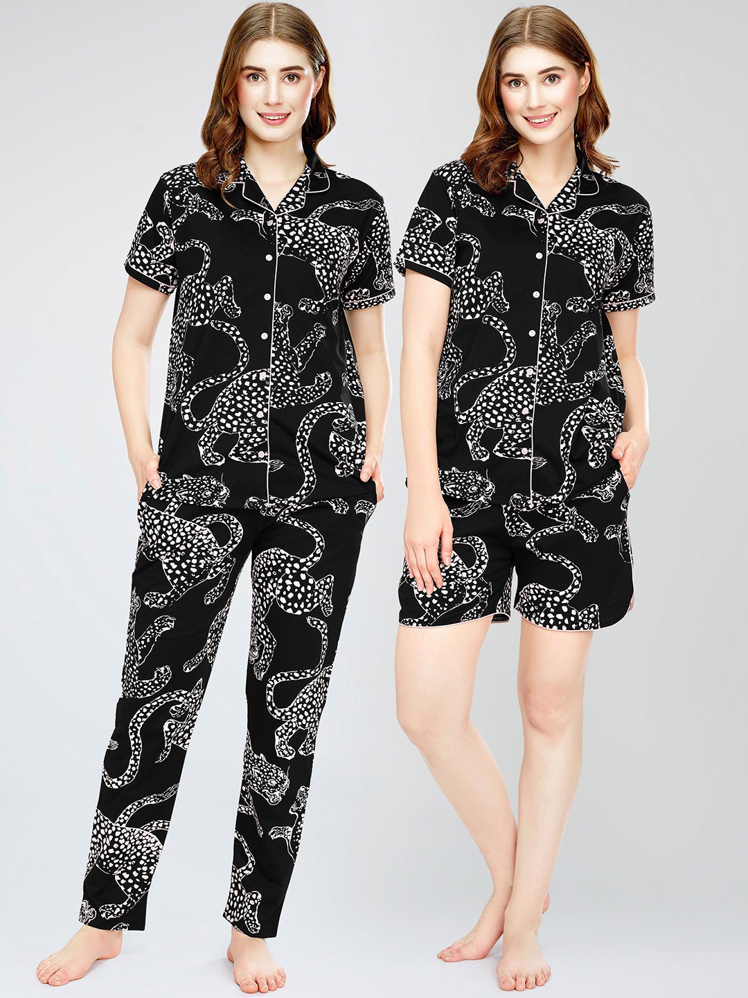 

Zeyo Women Printed Pure Cotton Shirt With Pajama, Short, Black