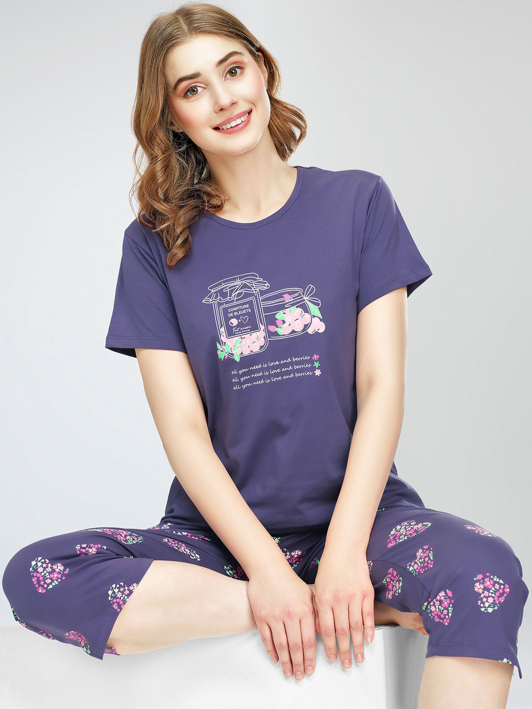 

Zeyo Typography Printed Round Neck Pure Cotton Night suit, Blue