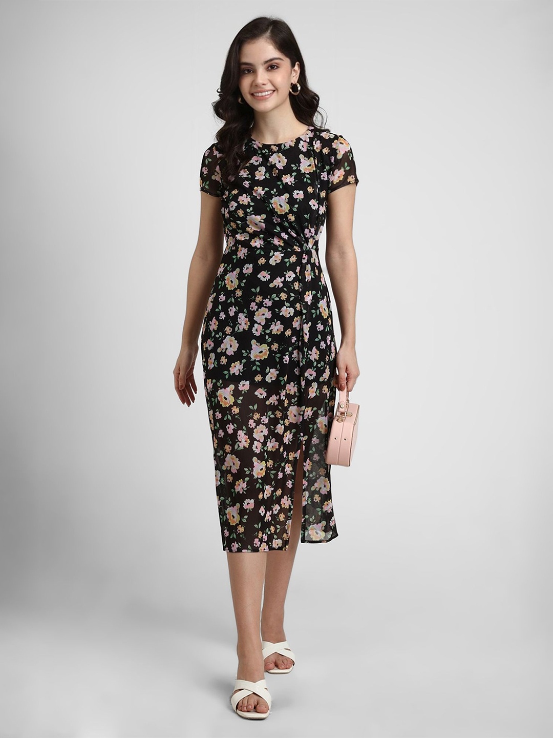 

FOREVER 21 Floral Print Sheath Midi Dress, Black