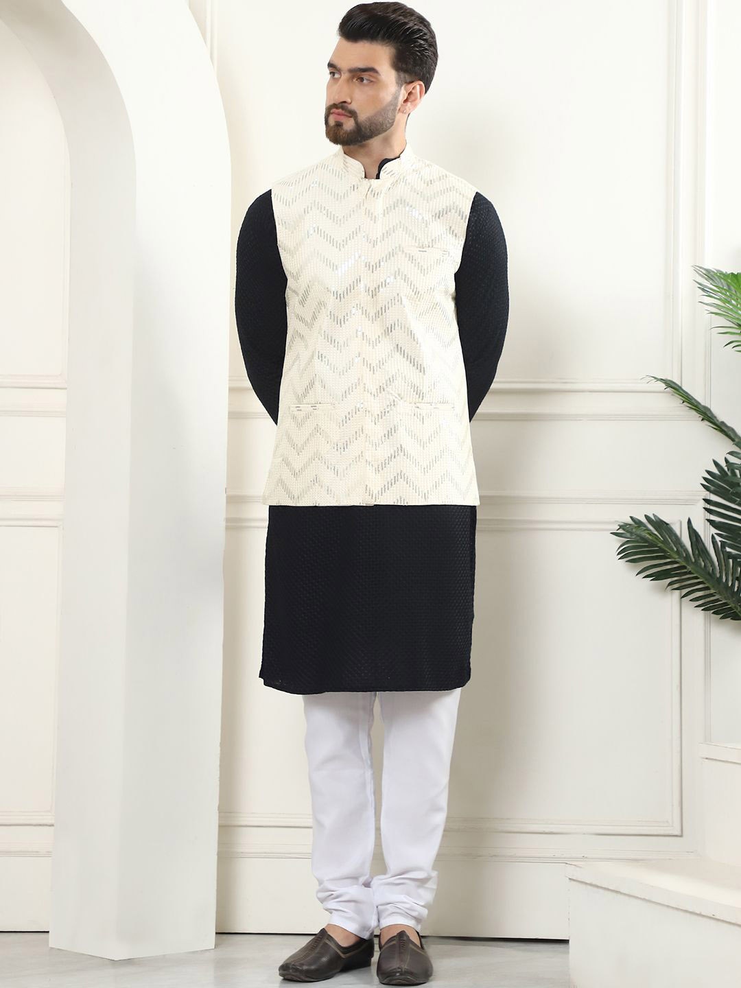 

SOJANYA Checked Embroidered Thread Work Pure Cotton Churidar & Sequinned Nehru Jacket, Black