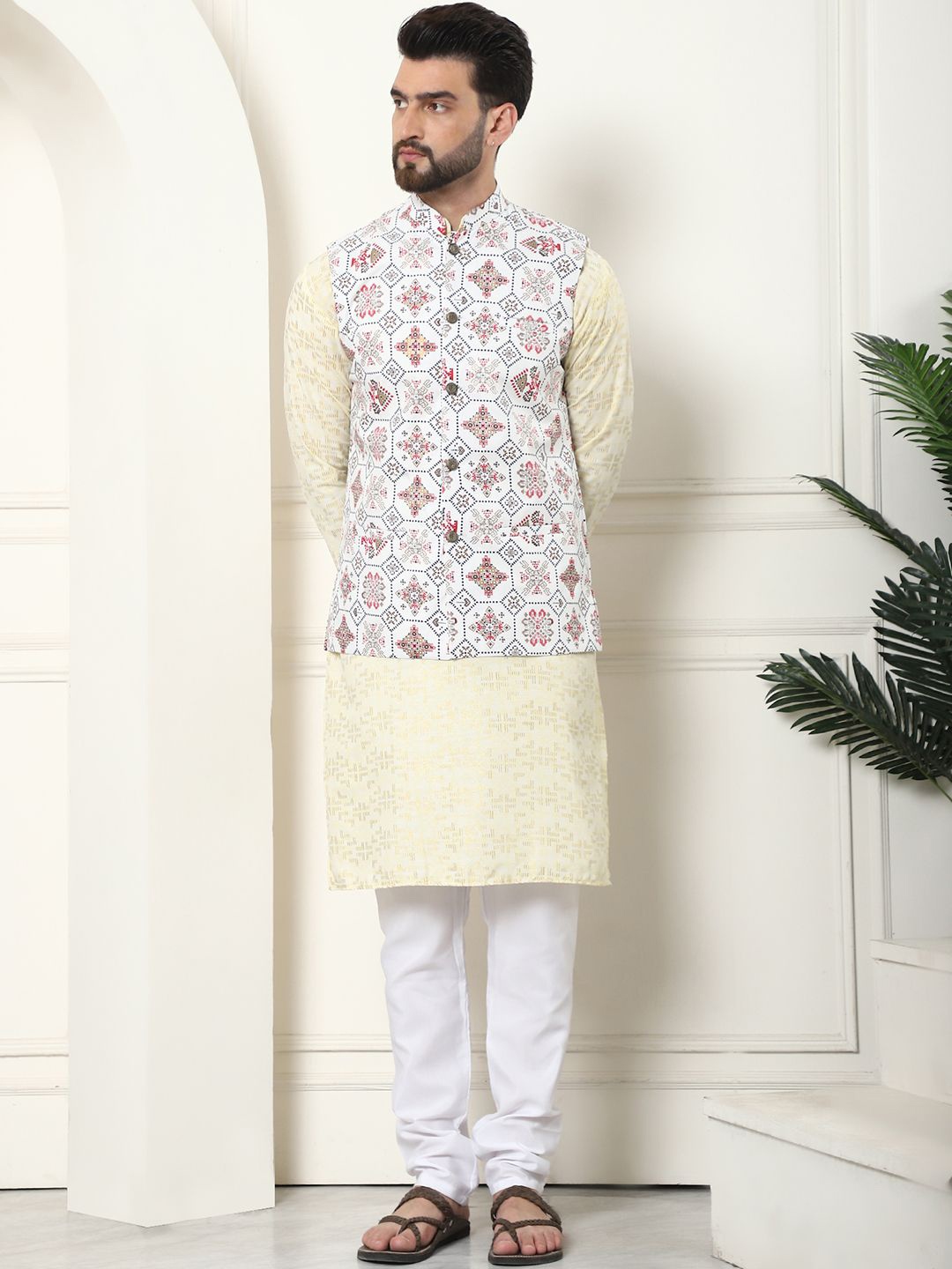 

SOJANYA Woven Design Regular Pure Cotton Kurta with Churidar & Nehru Jacket, Yellow