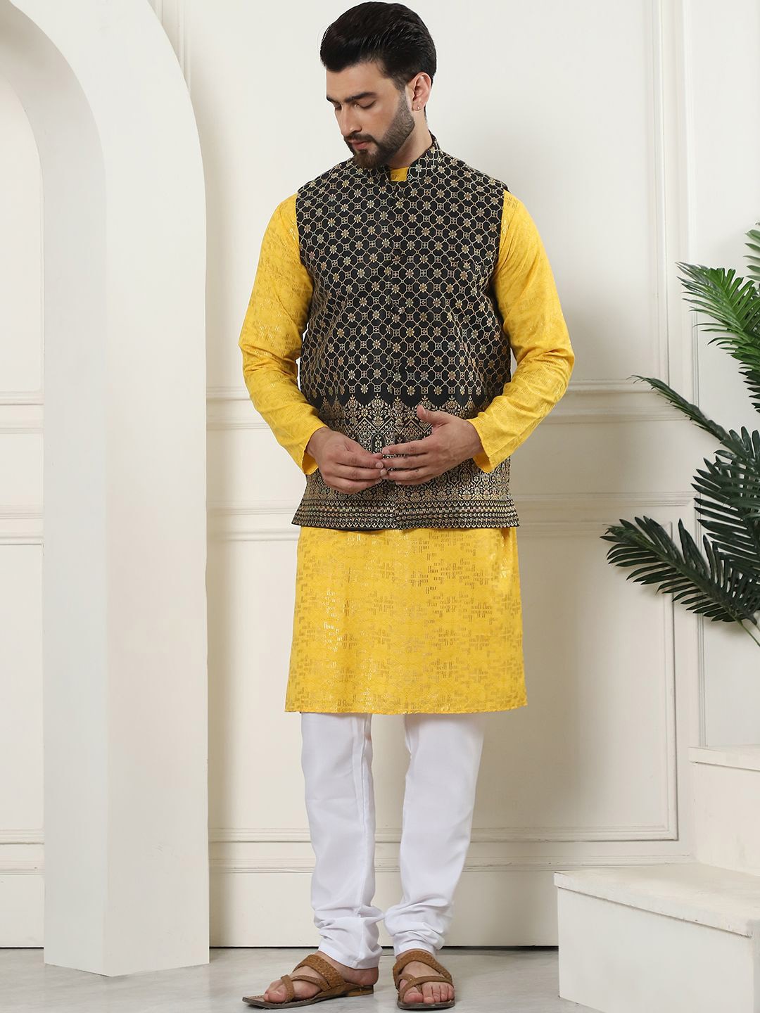 

SOJANYA Woven Design Regular Pure Cotton Kurta with Churidar, Mustard