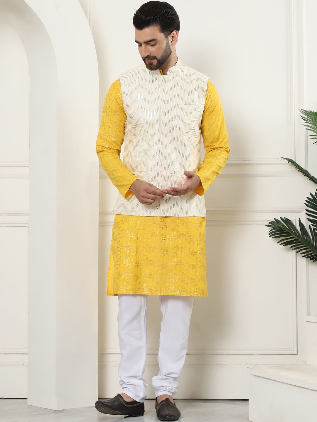 

SOJANYA Printed Regular Pure Cotton Kurta with Churidar, Mustard