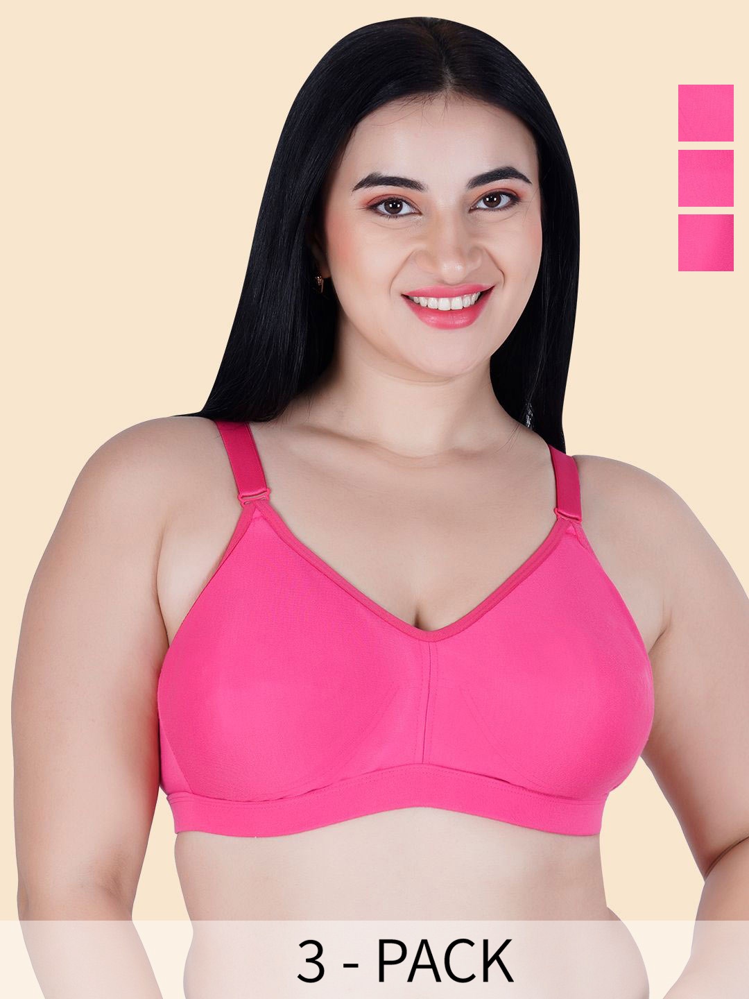 

Souminie Pack Of 3 Full Coverage Non Padded Cotton Everyday Bra- All Day Comfort, Pink