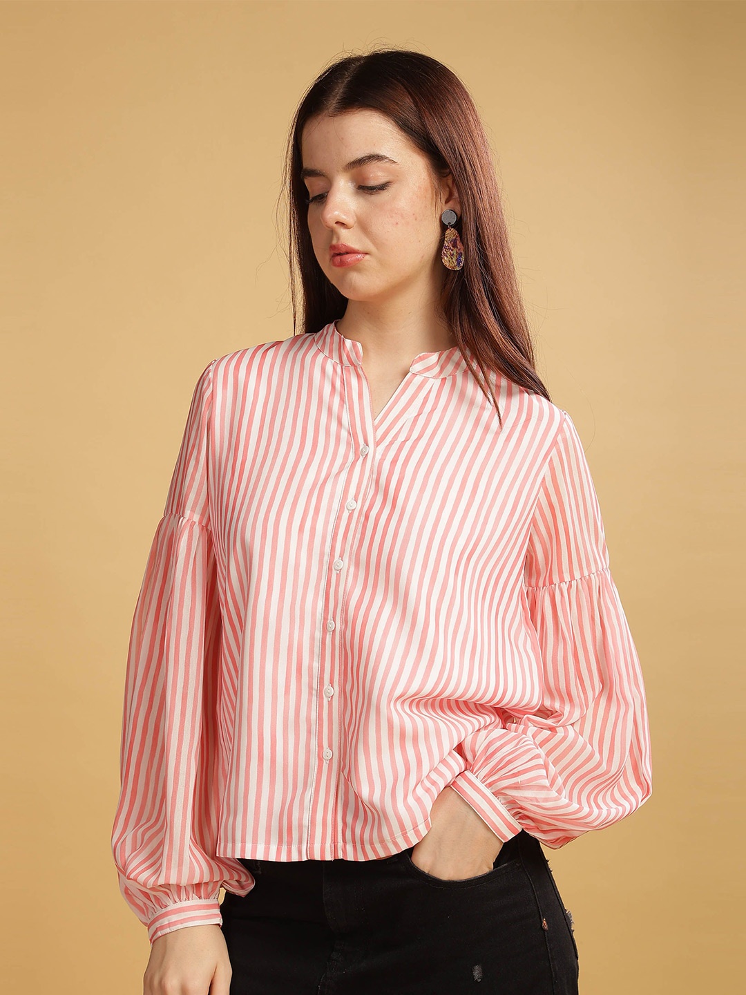 

SILISOUL women mandarin collar bishop sleeves striped Top, Off white