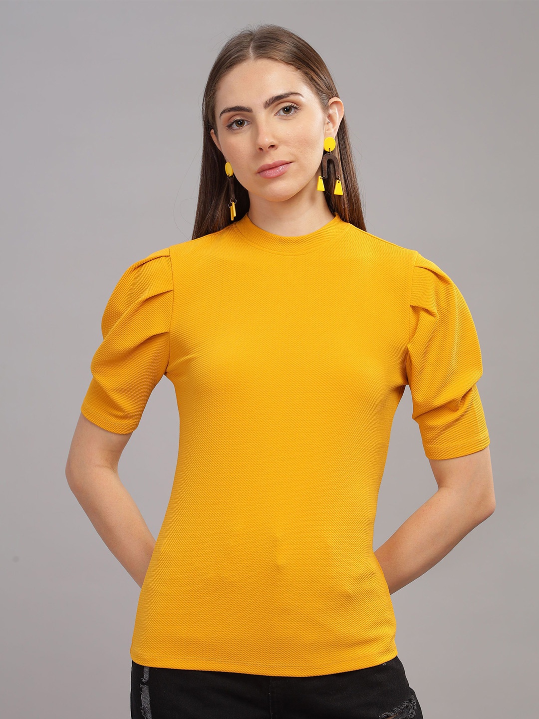 

SILISOUL high neck Puff Sleeve Top, Mustard